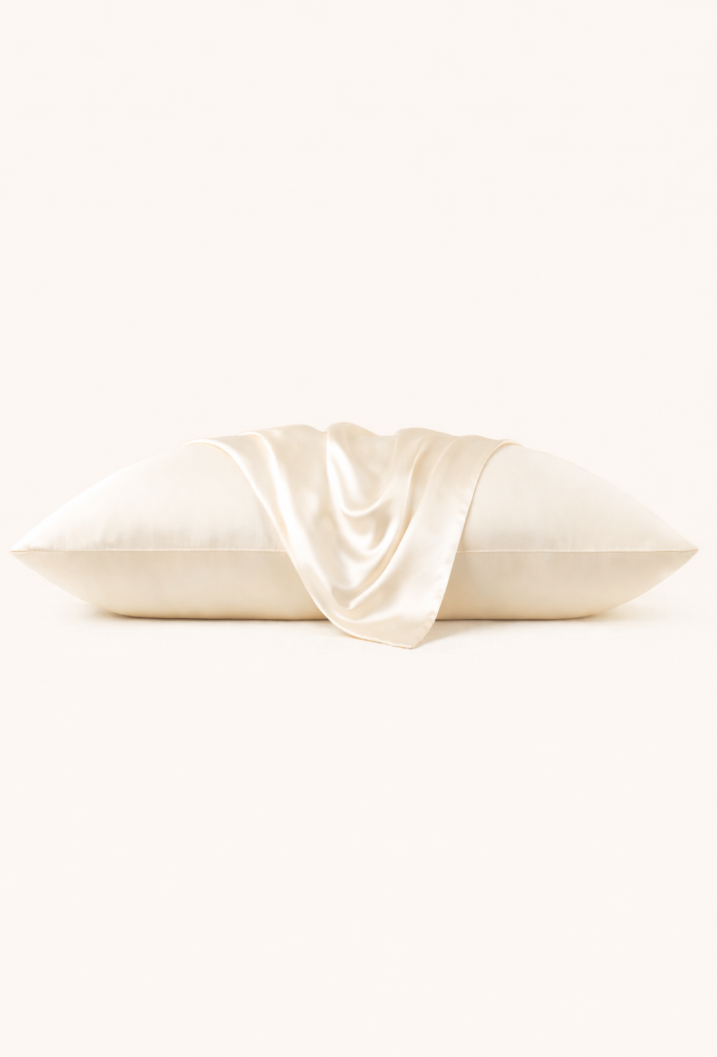 Cream-colored pillowcase with a draped fabric accent on a white background