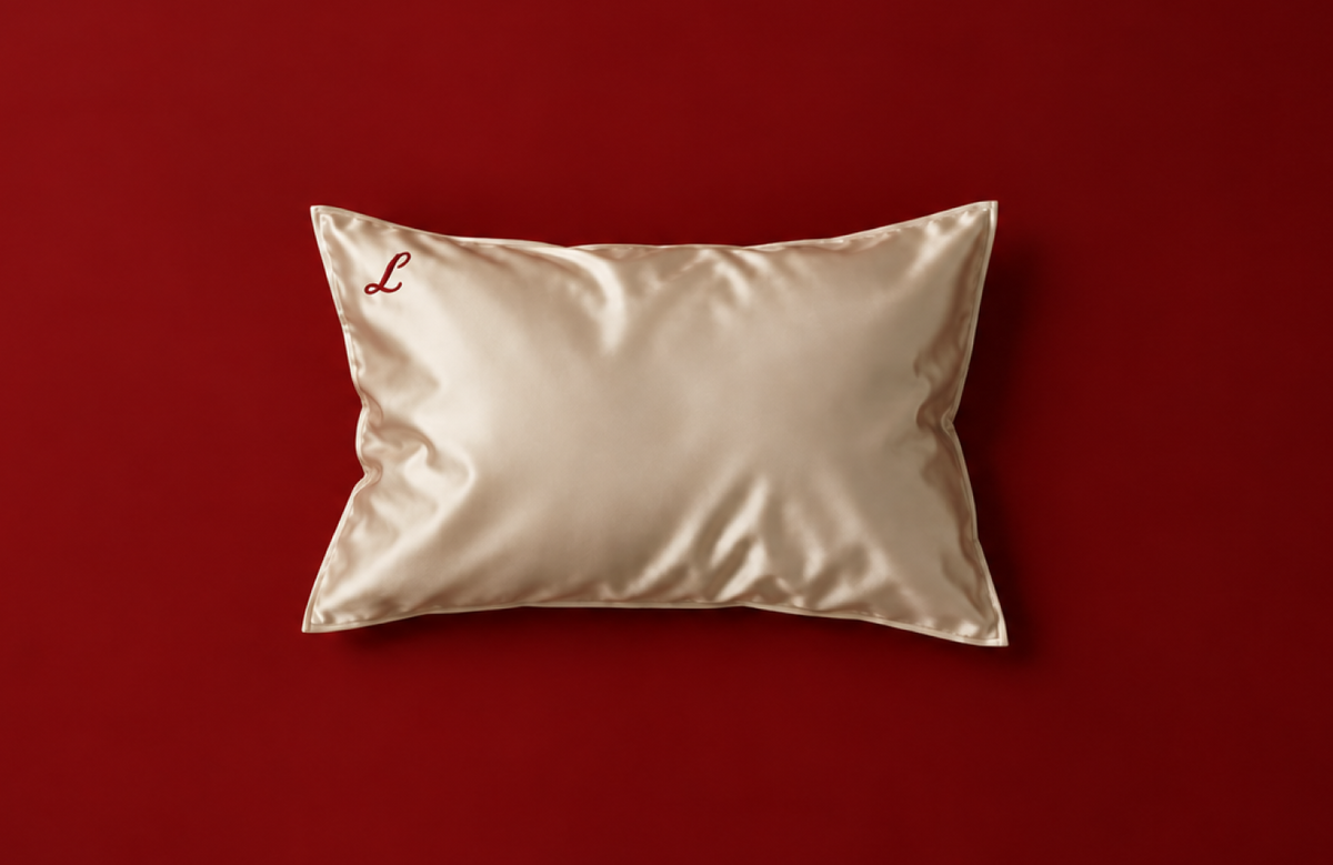 A silk pillowcase in champagne beige with a small red embroidered monogram 'L' in the upper left corner, displayed against a solid dark red background.