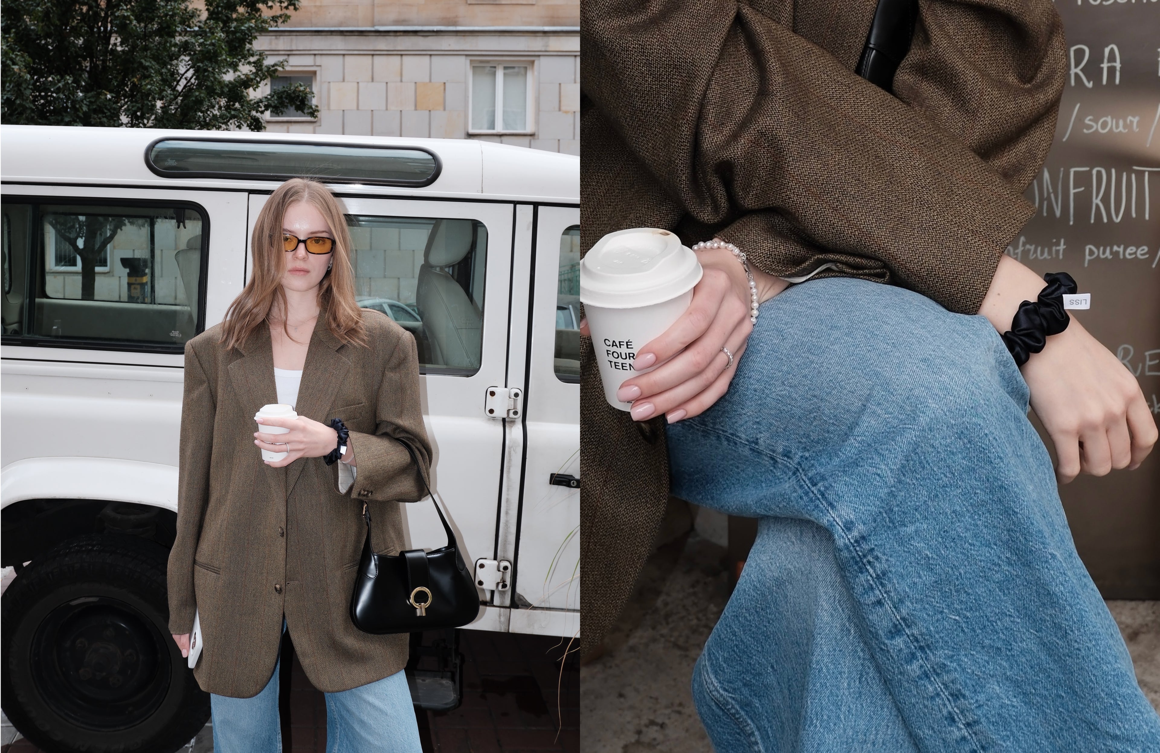 Girl wearing LISS 100% silk scrunchie while holding a coffee cup — the scrunchie you never take off.